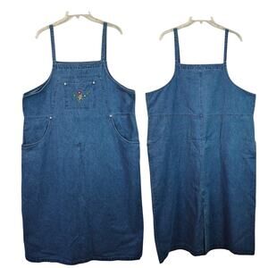 Denim & Co Blue Denim Vintage Maxi Jumper Dress Embroidered Floral 3 Pockets 1X